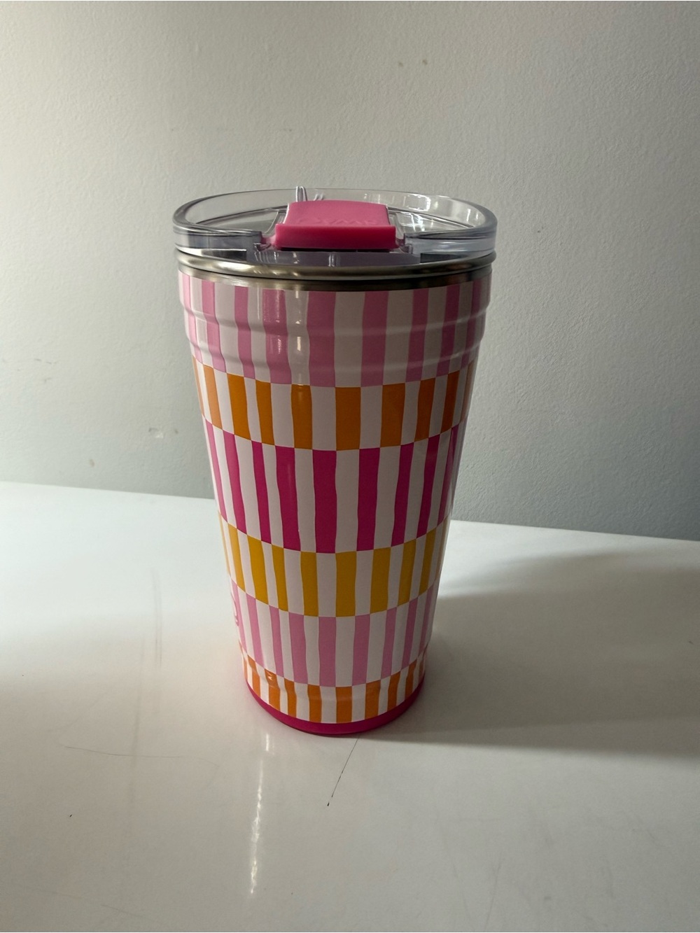 Swig Life Party Cup: Pink & Yellow Striped Travel Tumbler with Lid